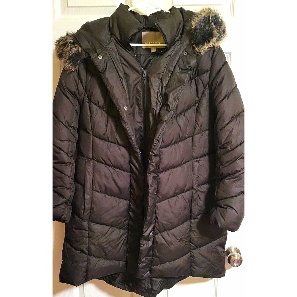 Falls Creek Puffer Jacket Womens 1X Black Hooded Faux Fur Trim Pockets